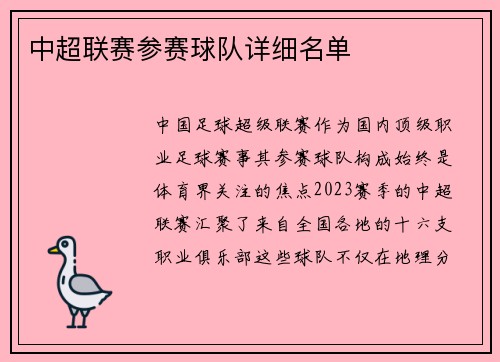 中超联赛参赛球队详细名单